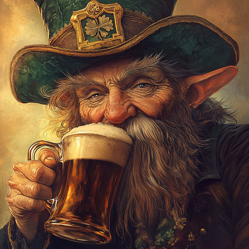 An old leprechaun drinking beer in vintage poster style