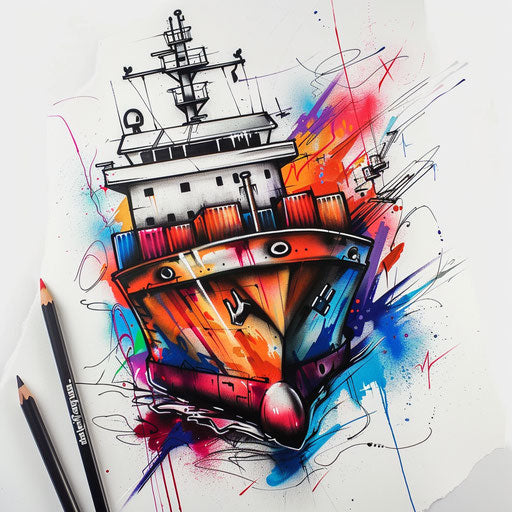 Edgy urban sketch of a cargo ship with graffiti and bright colors
