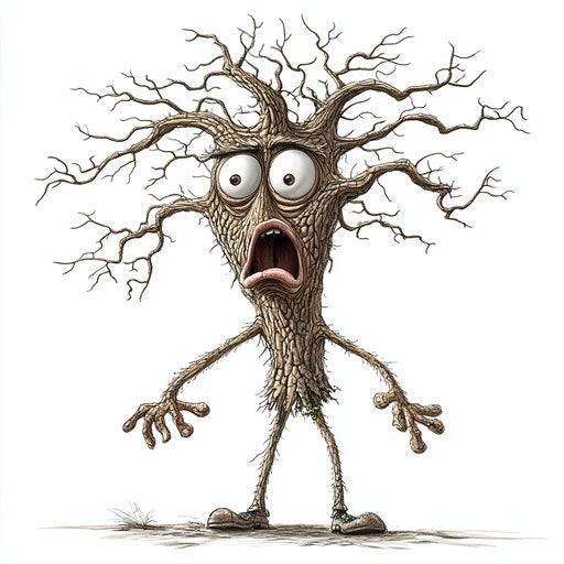 Humorous caricature of a bare tree with human characteristics, exaggerated thin lips, thin legs, detailed textures, vibrant colors, cartoon style, surprised, high resolution, no background, isolated