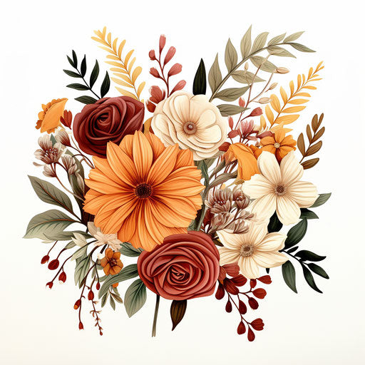 Various colored flowers on white background, maroon and amber style