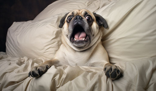 Pug dog on a bed under an overstuffed pillow, expressive body language