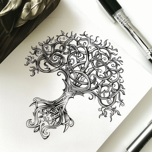 Intricate Celtic tree of life tattoo design on white surface