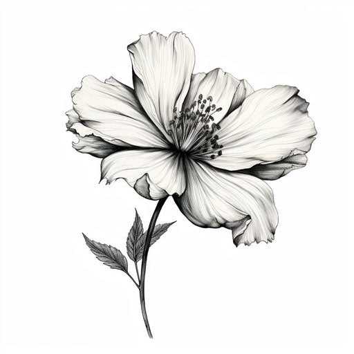 Black and white flower drawing, tattoo style, realistic