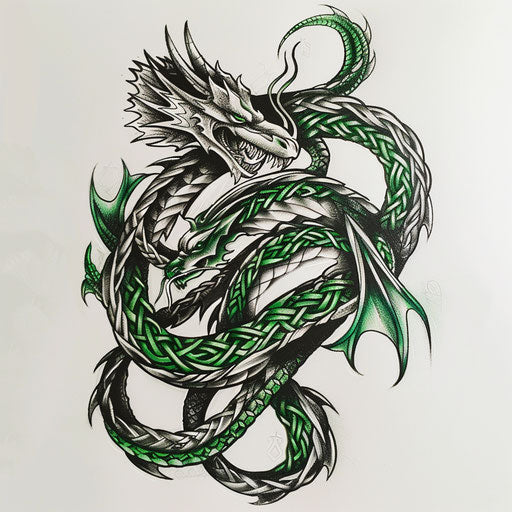 Celtic knotwork tattoo design with intertwined dragons in black and green