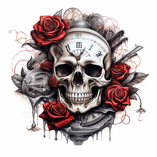Skull, Roses, and Clock Tattoo on Red Leather - Cybermysticsteampunk Style