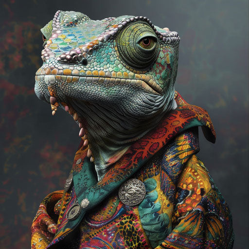 Chameleon at fashion show, its skin canvas for avant-garde designs