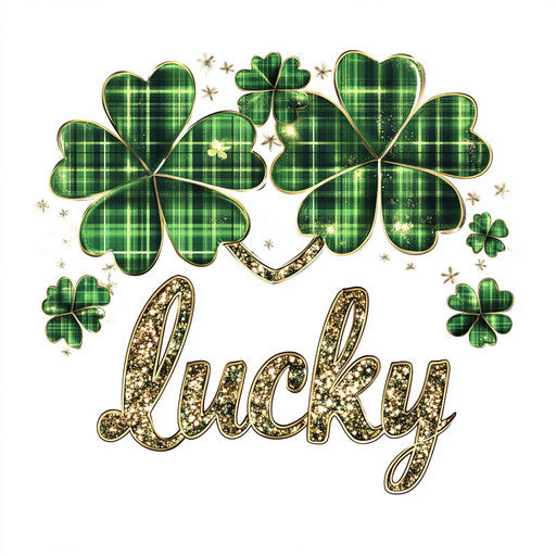 3D vector design art with leopard print and green plaid pattern, featuring a glossy shamrock and a glittery gold clover leaf on a white background.