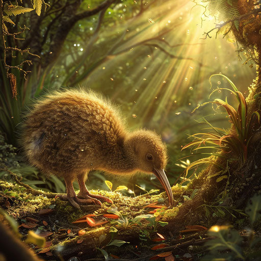 Kiwi bird exploring a sunlit clearing