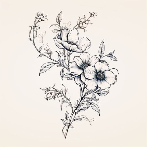 Botanical hand drawn drawing with leaves and flowers