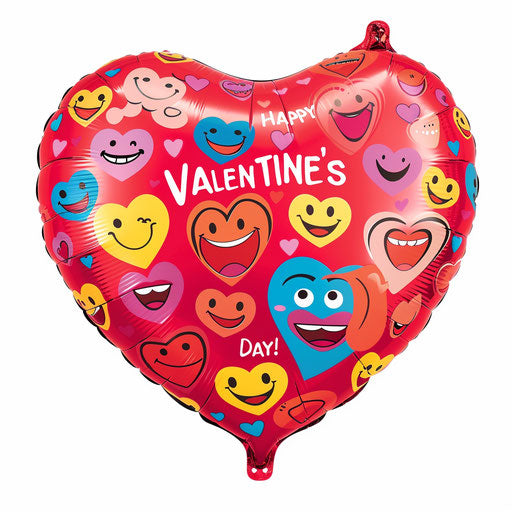 Vibrant red heart-shaped balloon with happy emoji symbols