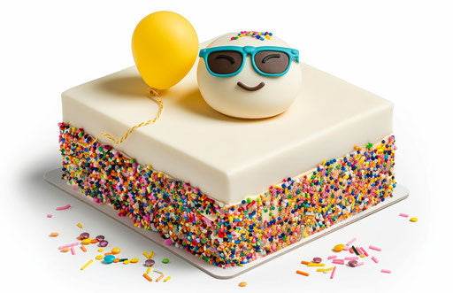 White square cake with sprinkles and sunglasses emoji