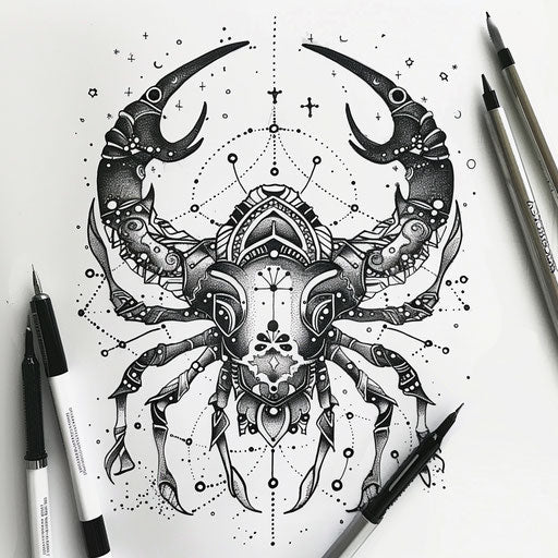 Sketch Cancer constellation tattoo with intricate tribal motifs