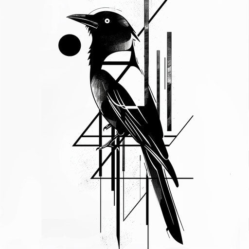 Minimalistic and clean tattoo sketch of a magpie with geometric elements