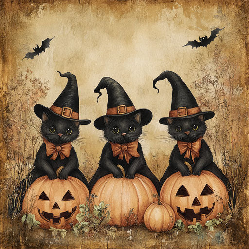 Three black cats dressed as witches with pumpkins and bats