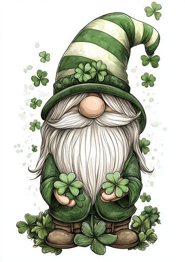 A cute gnome with an Irish hat and clovers