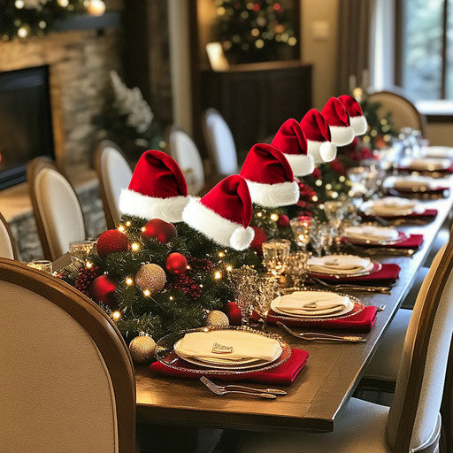 Elegant dinner party with Santa hats on chairs