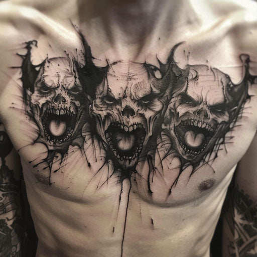 Men's chest tattoo with eerie demonic faces