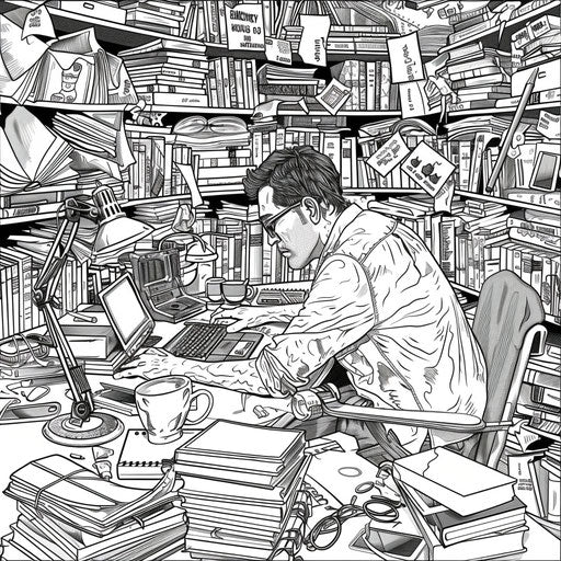 Dad working at desk surrounded by books and gadgets