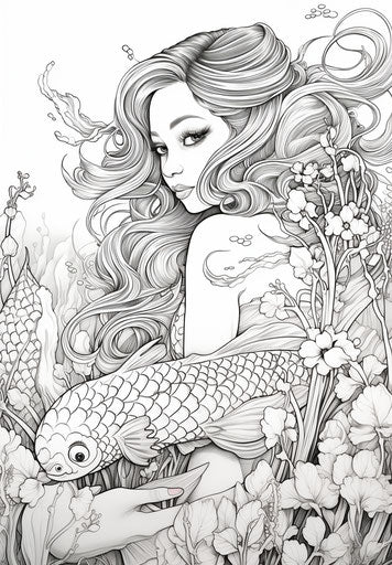 Coloring pages of a mermaid holding her tail, oriental style