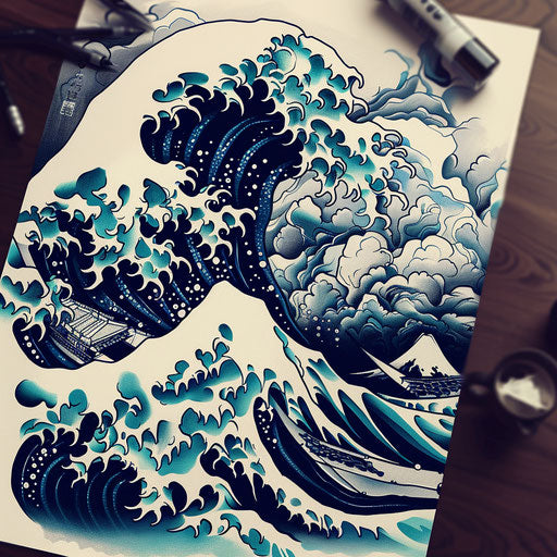 Dramatic tattoo sketch of a Japanese wave