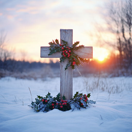 Wooden cross with holly and ivy garland in snowy dawn
