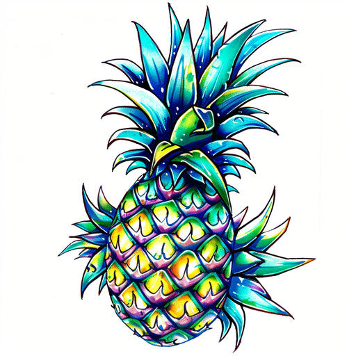 Stylized cartoon pineapple tattoo with bold colors
