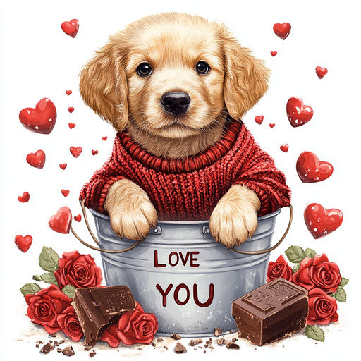 I love you cute golden retriever in bucket of roses and hearts
