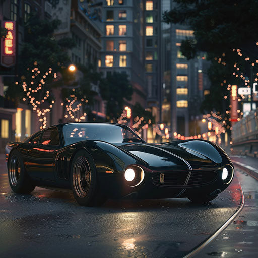 Electric Shelby Daytona with a sleek, futuristic design and LED lighting, silently cruising through a modern city.