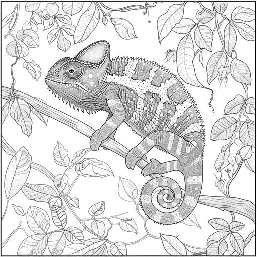 Chameleon on a vine with scenic background. Coloring book page