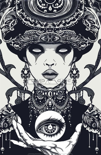 All knowing woman with glass ball containing the eye of god