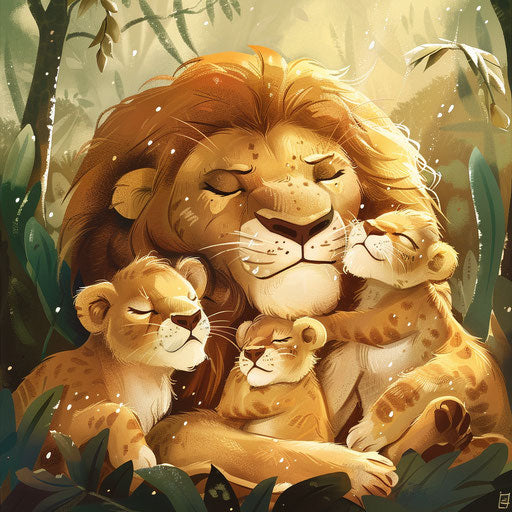 A heartwarming illustration of a lion family cuddled together