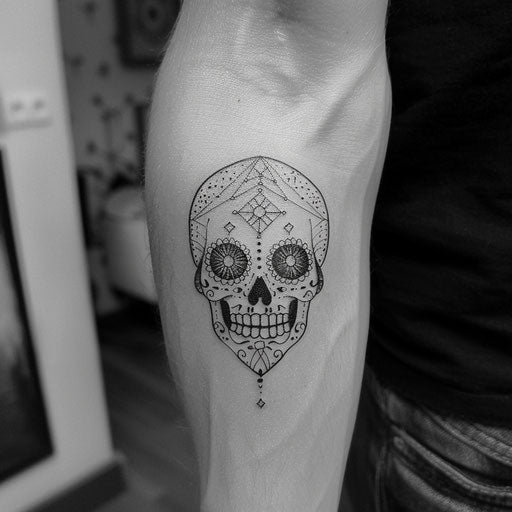 Contemporary flat tattoo sketch of a Calavera with minimalist black and white contrasts