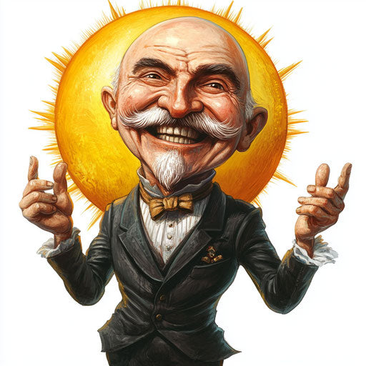 Humorous caricature of an Ignaz Semmelweis caricature clipart with human characteristics, exaggerated smiling mouth, big hands, next to a smiling sun, vibrant colors, cartoon style, smiling, high-resolution, no background, isolated