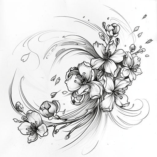 Dynamic sketch of flat tattoo of cherry blossoms