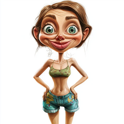 Humorous caricature of a shorts caricature clipart with human characteristics, exaggerated thin lips, long arms, miniature, vibrant colors, cartoon style, smiling, high-resolution, no background, isolated