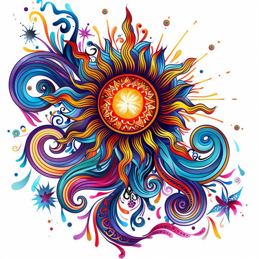 Vibrant tattoo sketch of a rising sun with psychedelic swirl patterns in clipart style