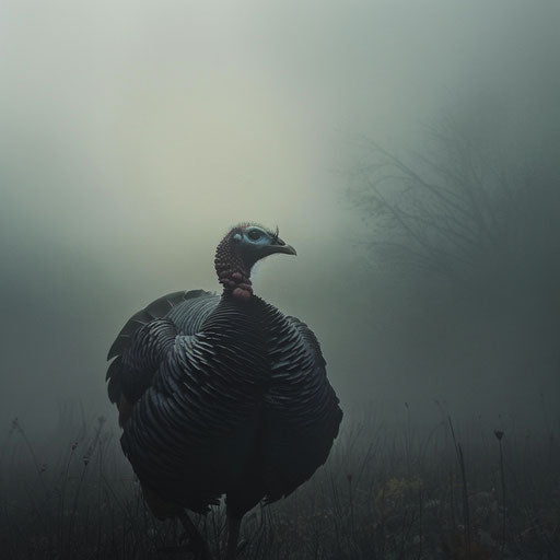 Wild turkey in a misty morning landscape