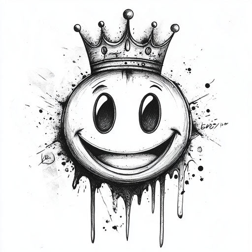 Flat tattoo sketch of smiley face with crown clipart style