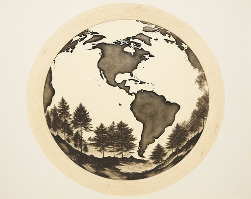 Earth drawn in ink on white paper, light yellow and dark bronze style, wood engraving