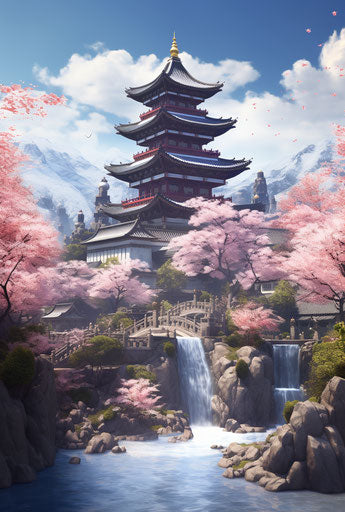 Beautiful painting of an oriental Asian temple and waterfall