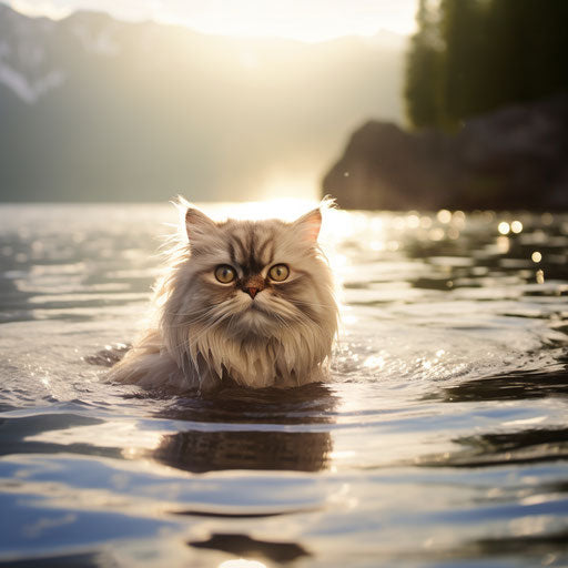 Himalayan cat swimming in a lake by the shore