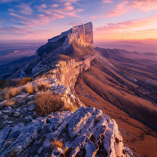 Guadalupe Peak at sunrise, in the style of David Keochkerian