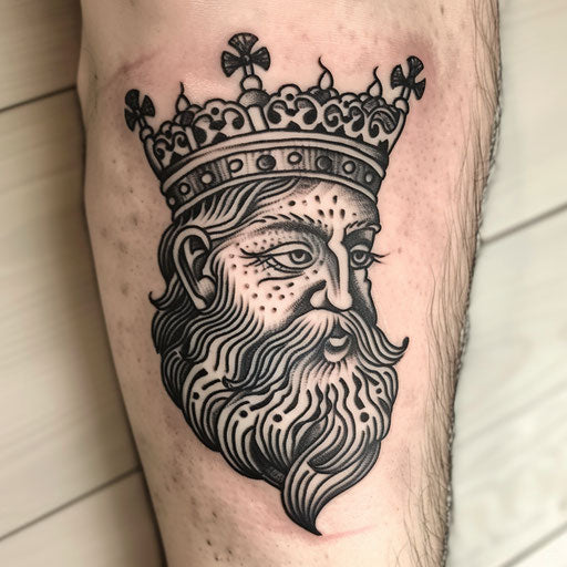 Medieval king portrait tattoo in classic woodcut style