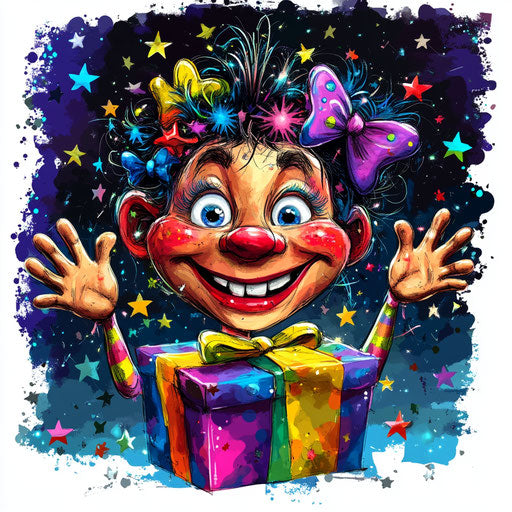 Humorous caricature of a gift clipart image with human characteristics, exaggerated long eyelashes, expressive hands, surrounded by stars, vibrant colors, cartoon style, waving, high-resolution, no background, isolated
