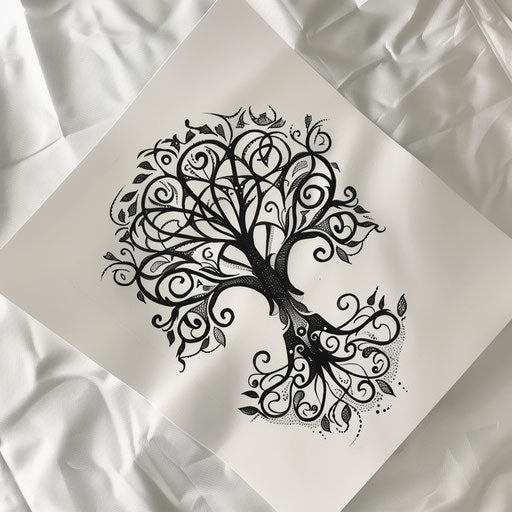 Tribal tree of life with black geometric patterns on white paper