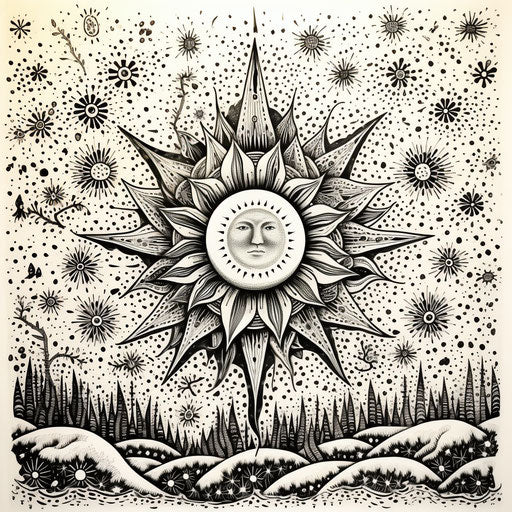 Starry sun surrounded by whimsical elements