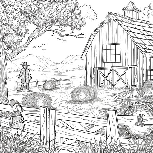 Old barn with scarecrow and bales of hay