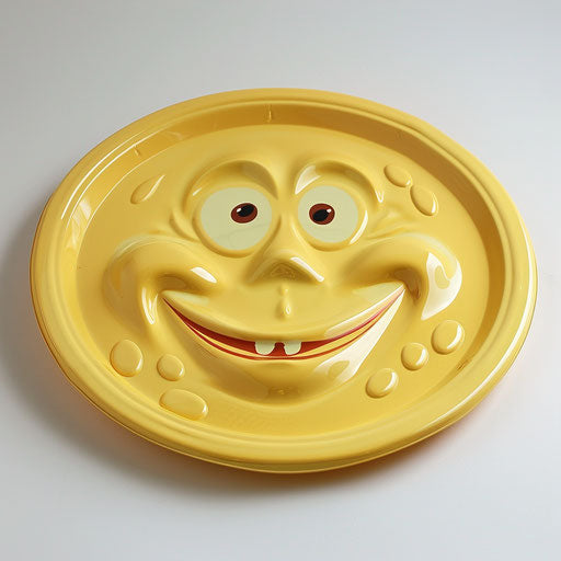 Yellow plastic party plate with emoticon face, warmcore style