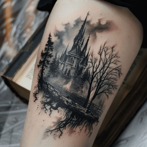 Horror-themed fire tattoo