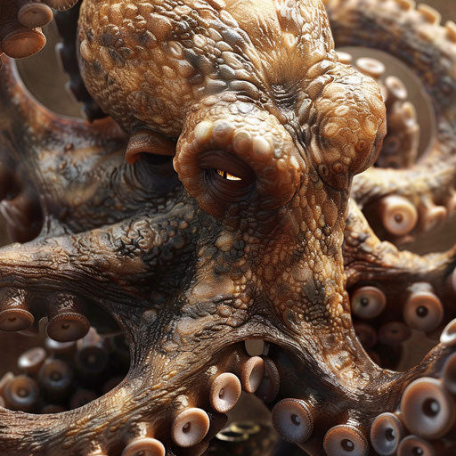The beak of an octopus, surrounded by swirling tentacles
